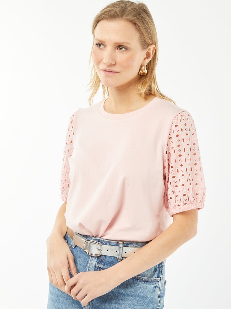 Camiseta lisa de manga corta con bordado inglés ROSA - Kiabi