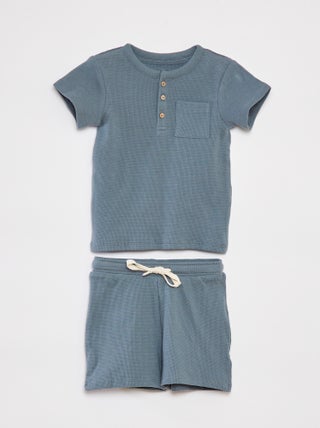 Conjunto de pijama corto con camiseta + short de punto gofrado - 2 piezas