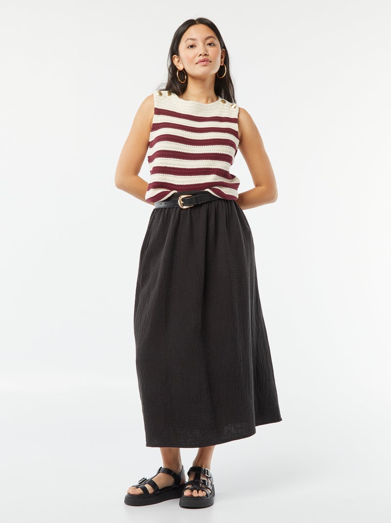 Falda midi de gasa de algodón negro - Kiabi